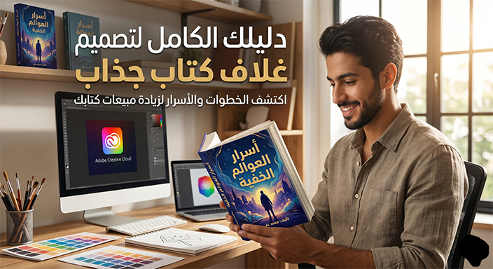 مصمم جرافيك يطبق خطوات تصميم غلاف كتاب احترافي.